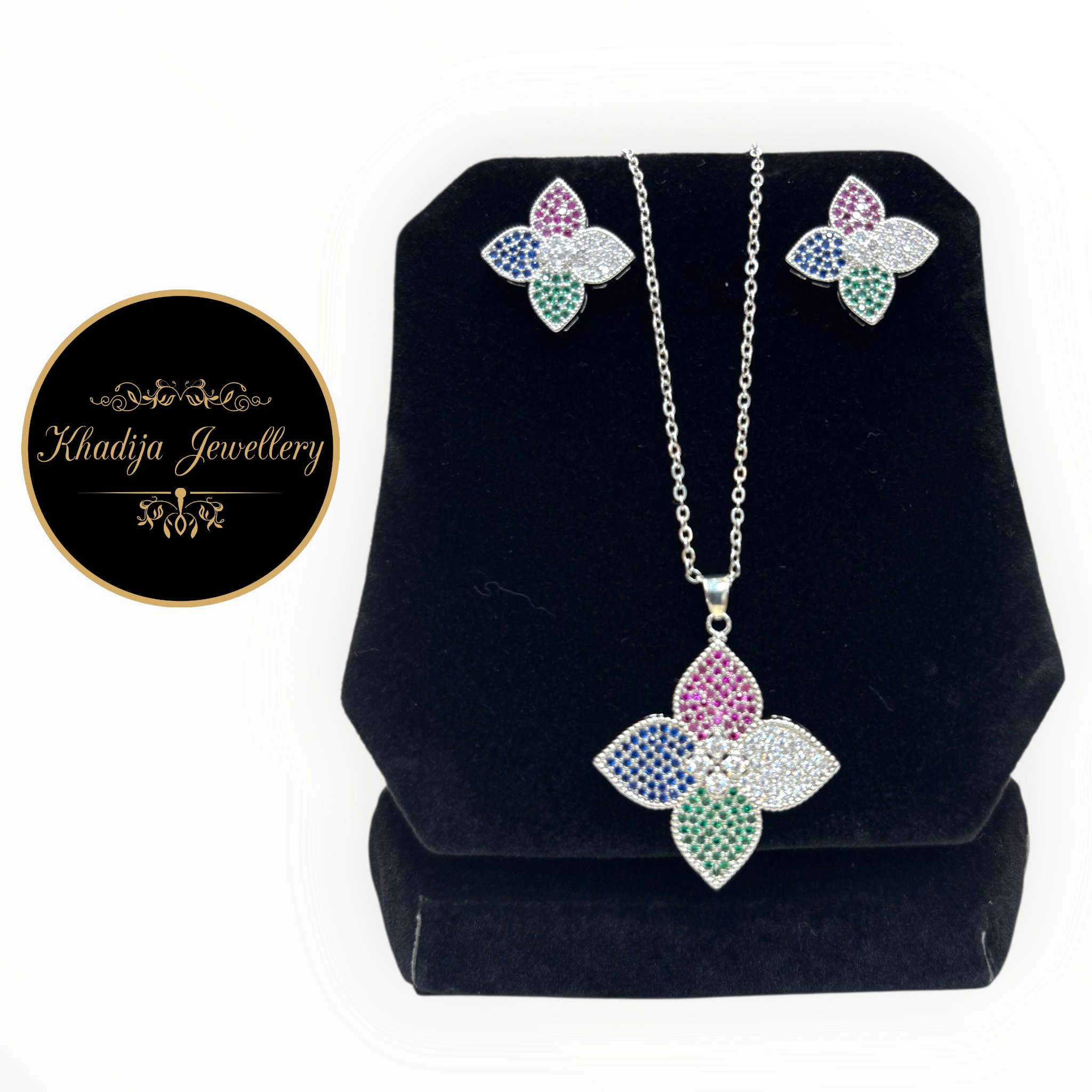 💐Multicolor💐 Flower Pendant & Stud Earrings Set With Diamonds 💎(CL0012)