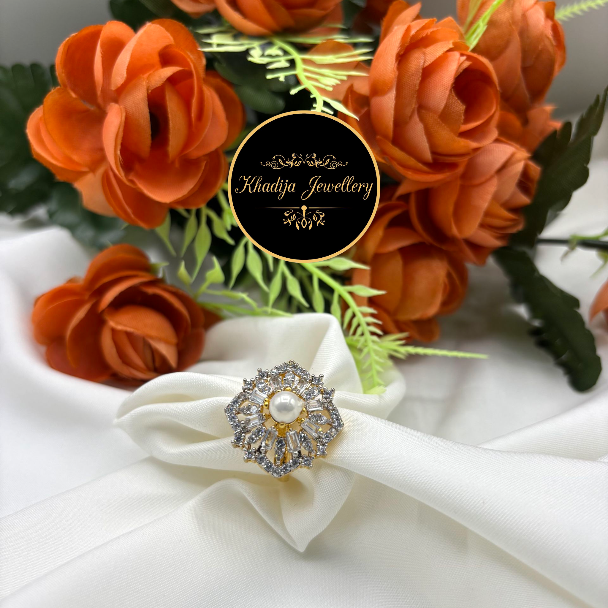 Elegant Pearl & Crystal Flower Ring  (SDR1003)