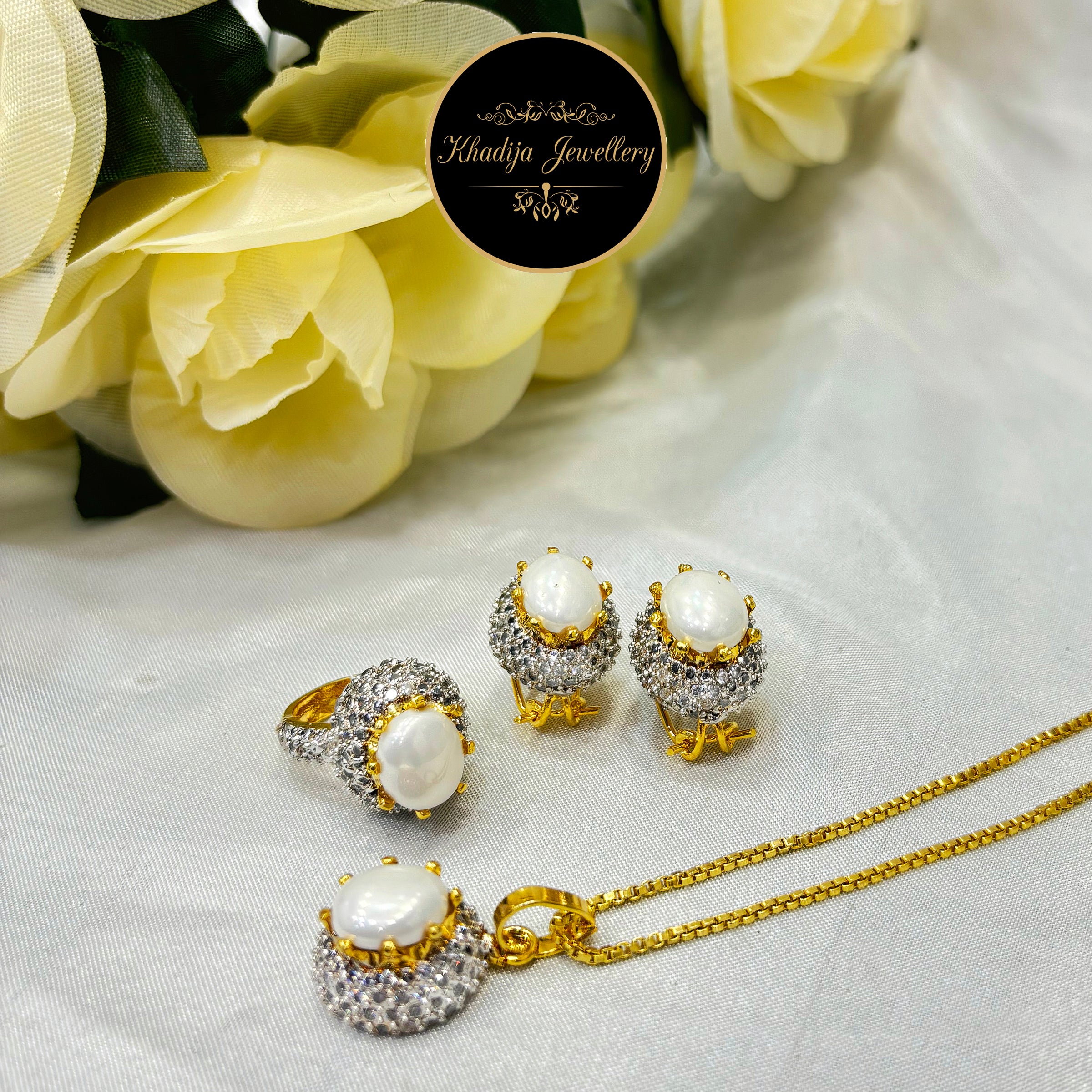 Elegant Pearl & Zirconia Jewelry Set – Ring, Earrings & Pendant Ai 26