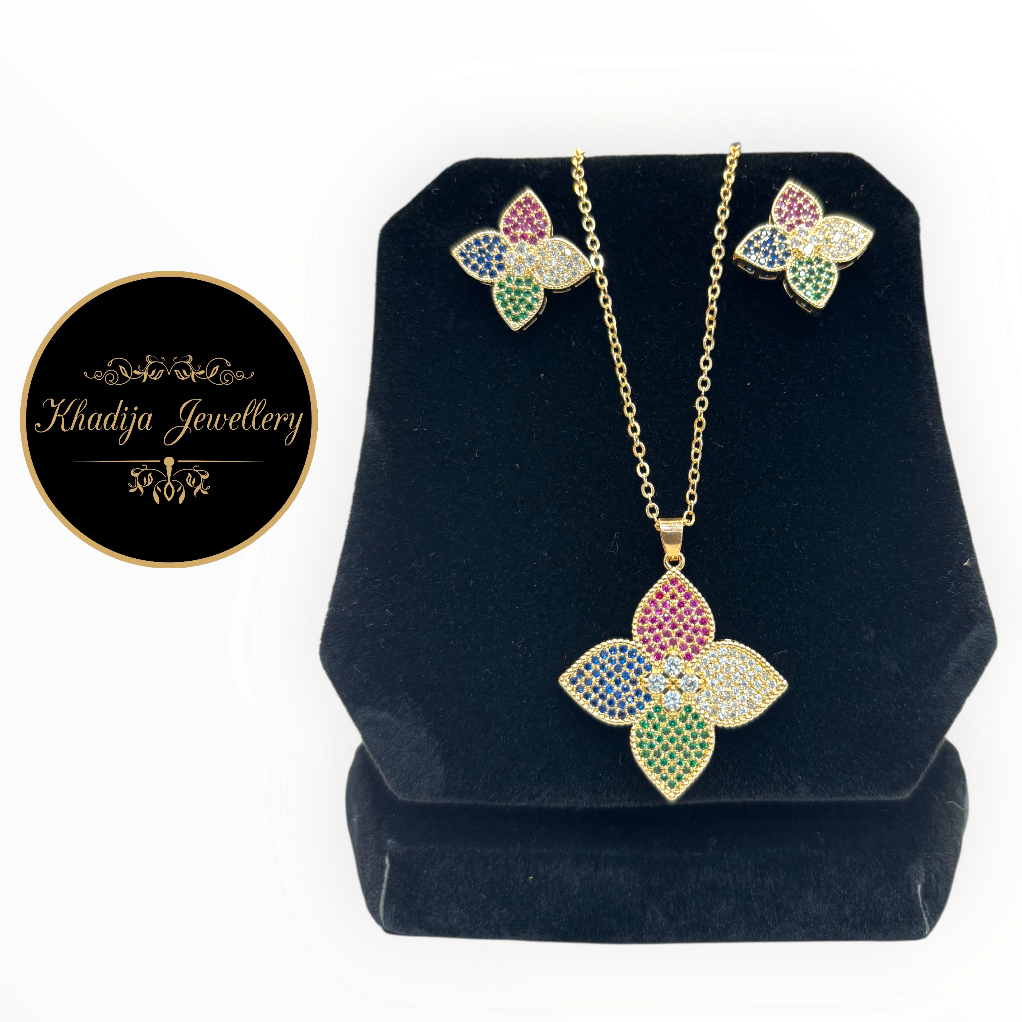 💐Multicolor💐 Flower Pendant & Stud Earrings Set With Diamonds 💎(CL0012)